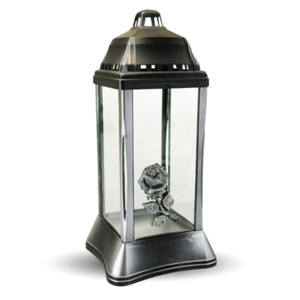 Steklena nagrobna sveča s srebrnim ohišjem in vrtnico K2